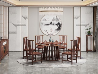 【冠木欧】别墅餐厅带转盘圆形餐台家用新中式轻奢乌金木 1.3米餐桌